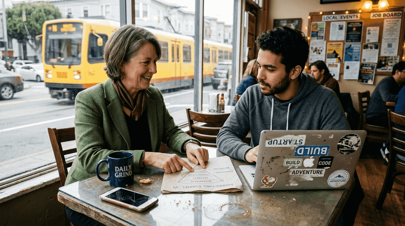 Mentor advising entrepreneur in cafe meeting
