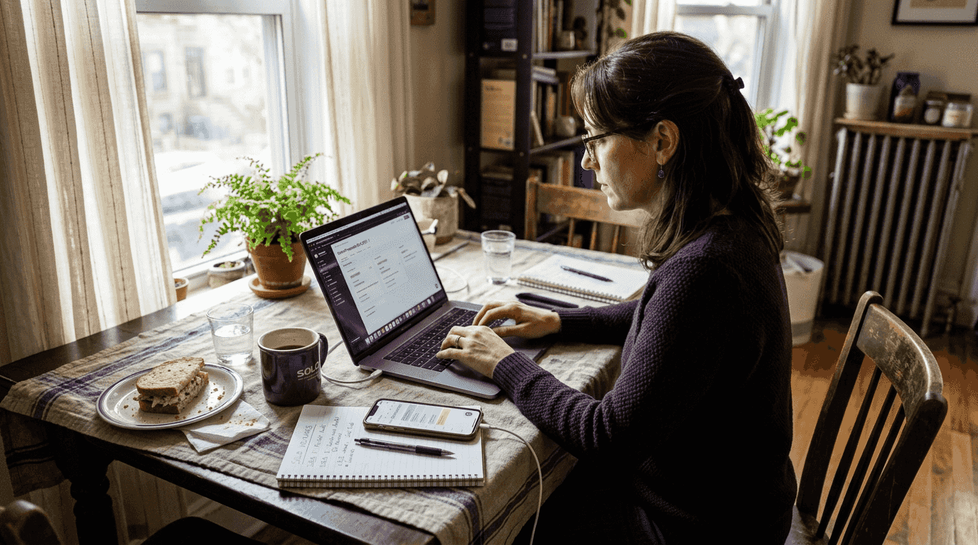 Solo entrepreneur multitasking at dining table