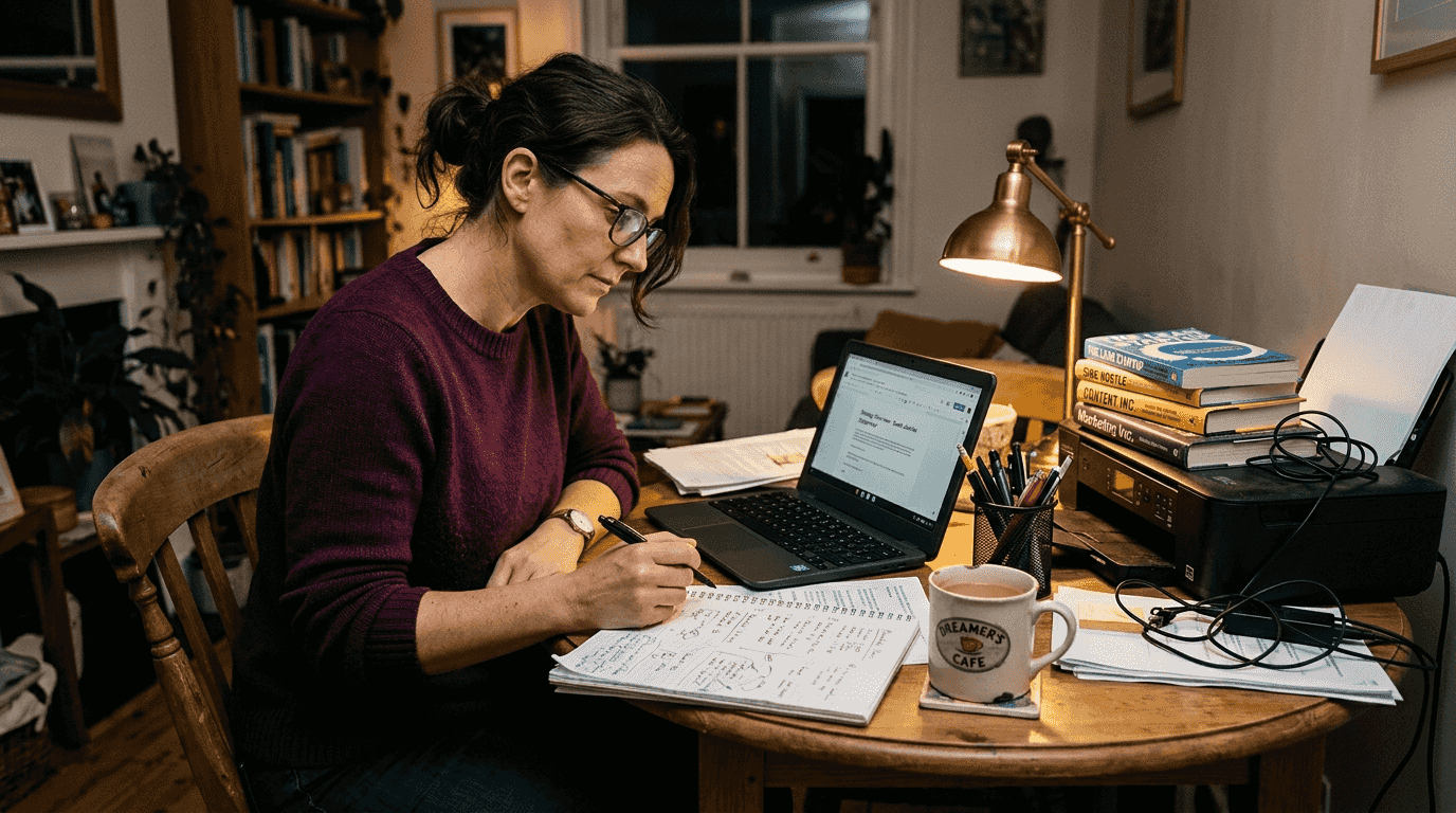 Solopreneur making decisions at cluttered table