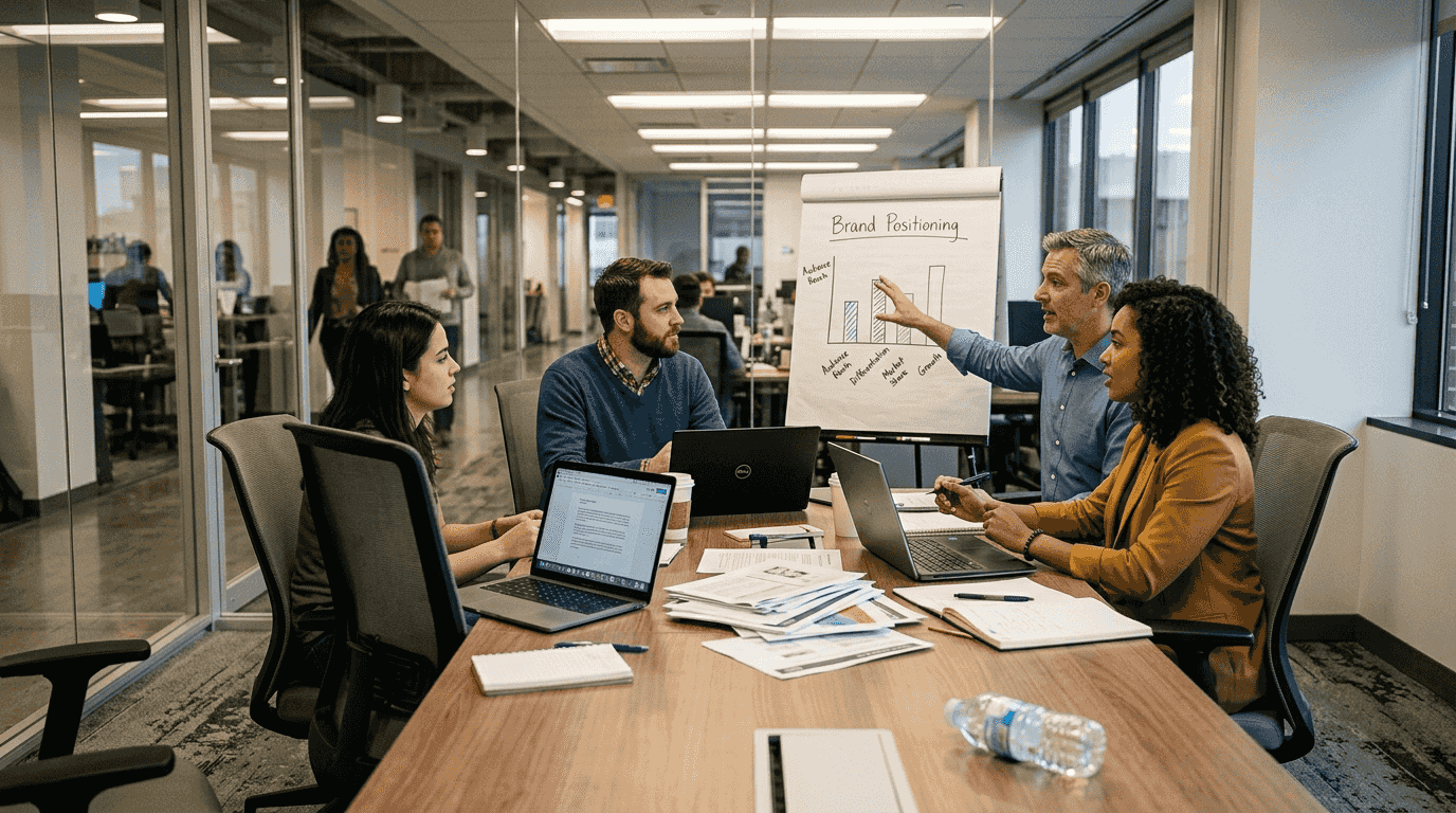 Team planning around a table with reports