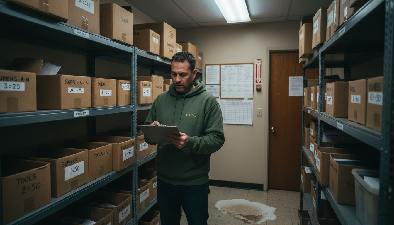 Entrepreneur checks inventory in cluttered storeroom