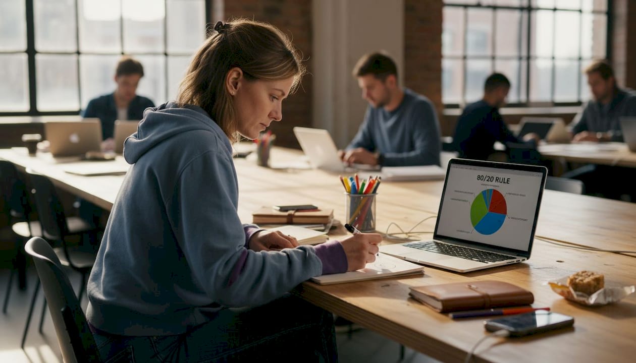 Entrepreneur reviewing 80/20 impact effort chart