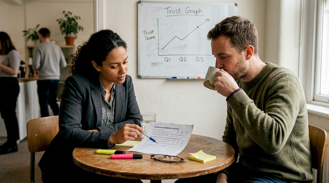 Small team discussing trust survey results