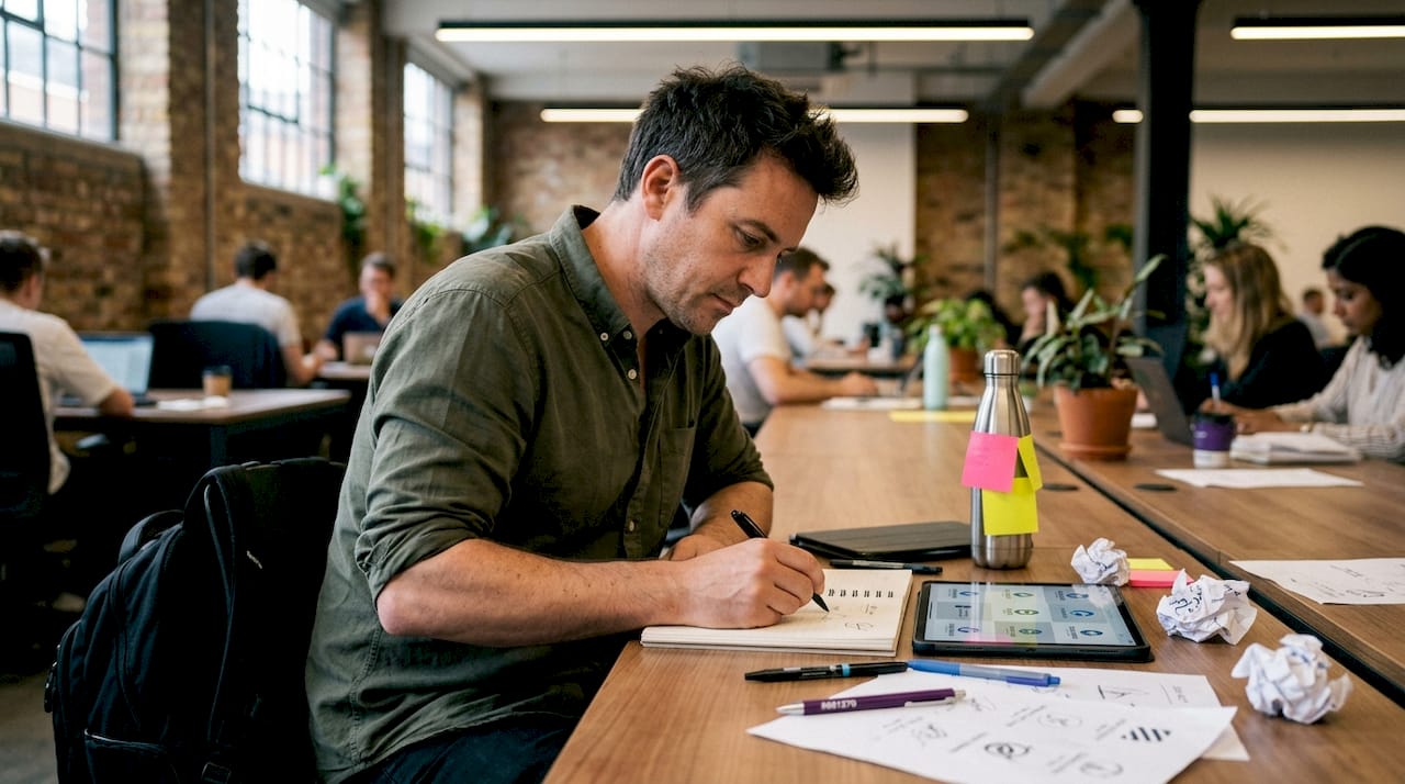Designer editing AI-generated logos at office table