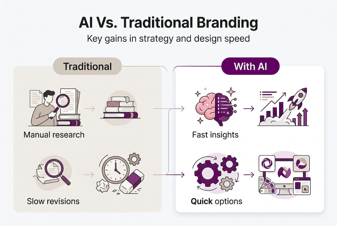 Infographic comparing AI and traditional branding process steps