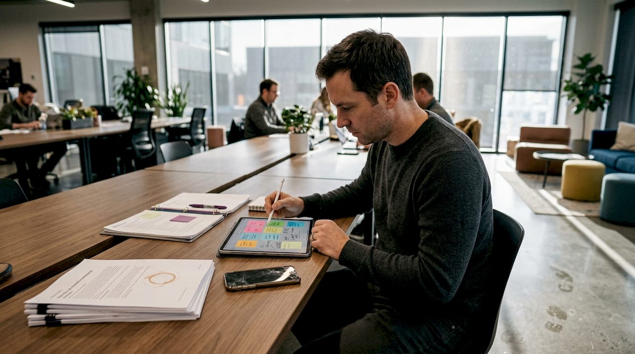 Businessman reviewing risks in open workspace