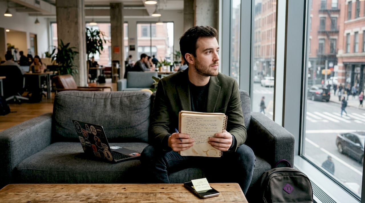 Entrepreneur reflecting with notebook and laptop