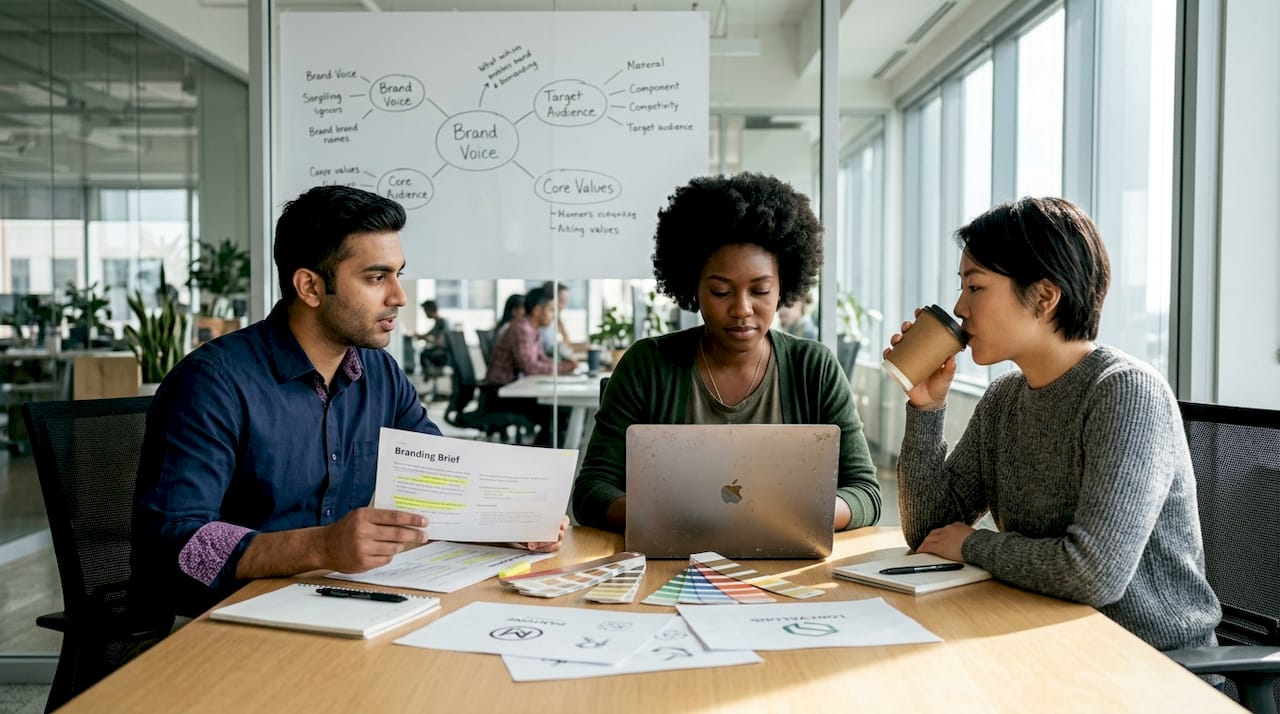 Team collaborating on brand visual identity