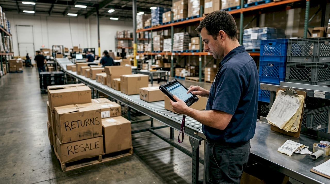 Manager reviews returned goods in warehouse