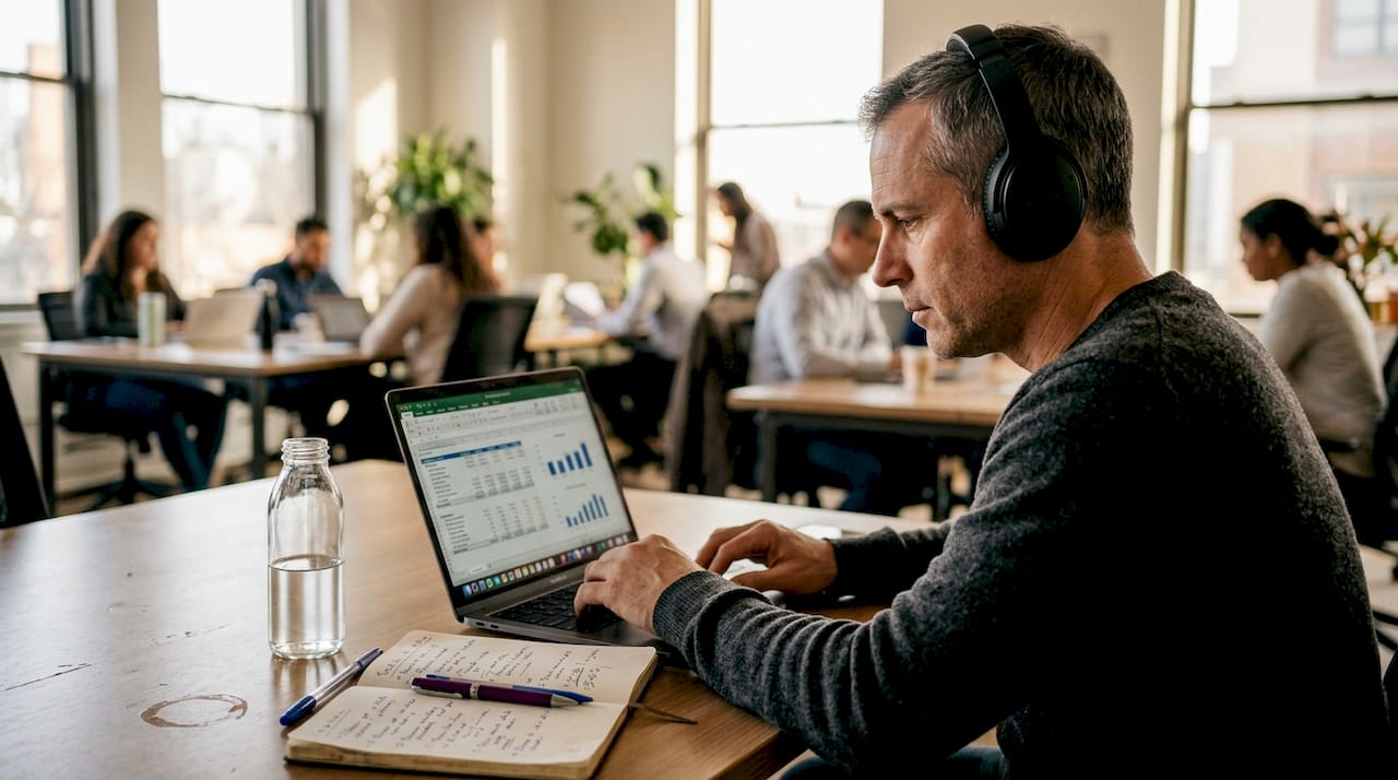 Entrepreneur deep work focus session scene