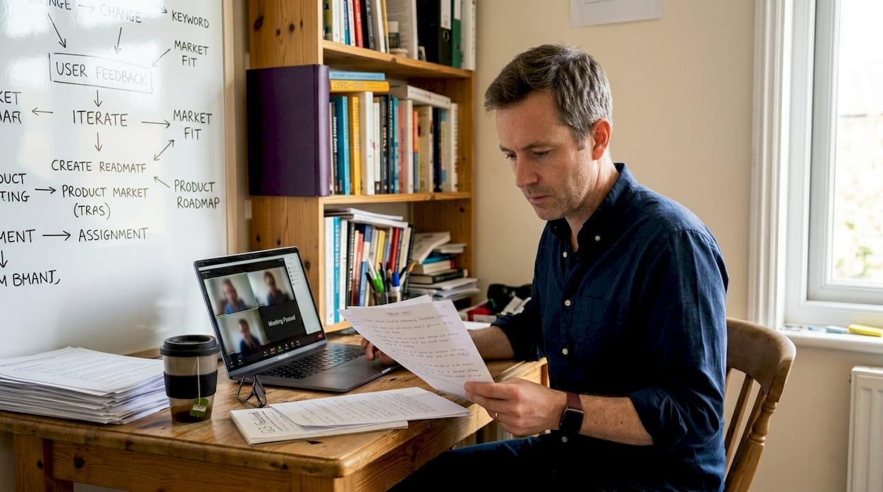 Entrepreneur reviewing feedback notes at desk