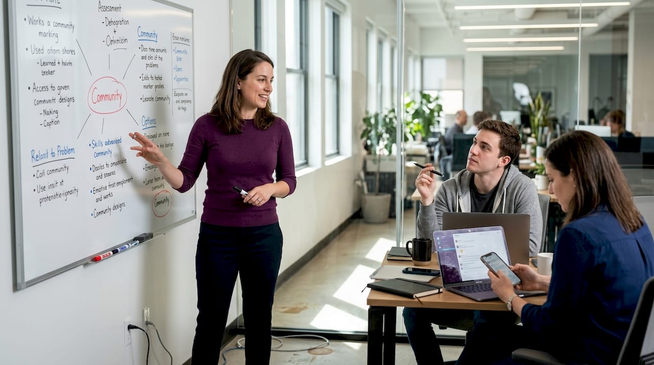 Founder discussing community feedback notes with team