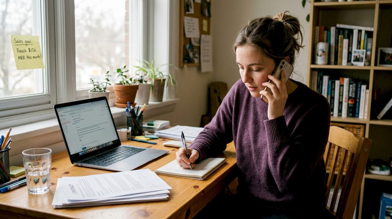 Founder making sales call at home office desk