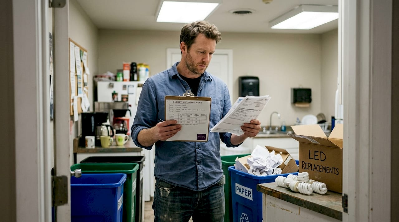 Business owner reviews break room sustainability audit