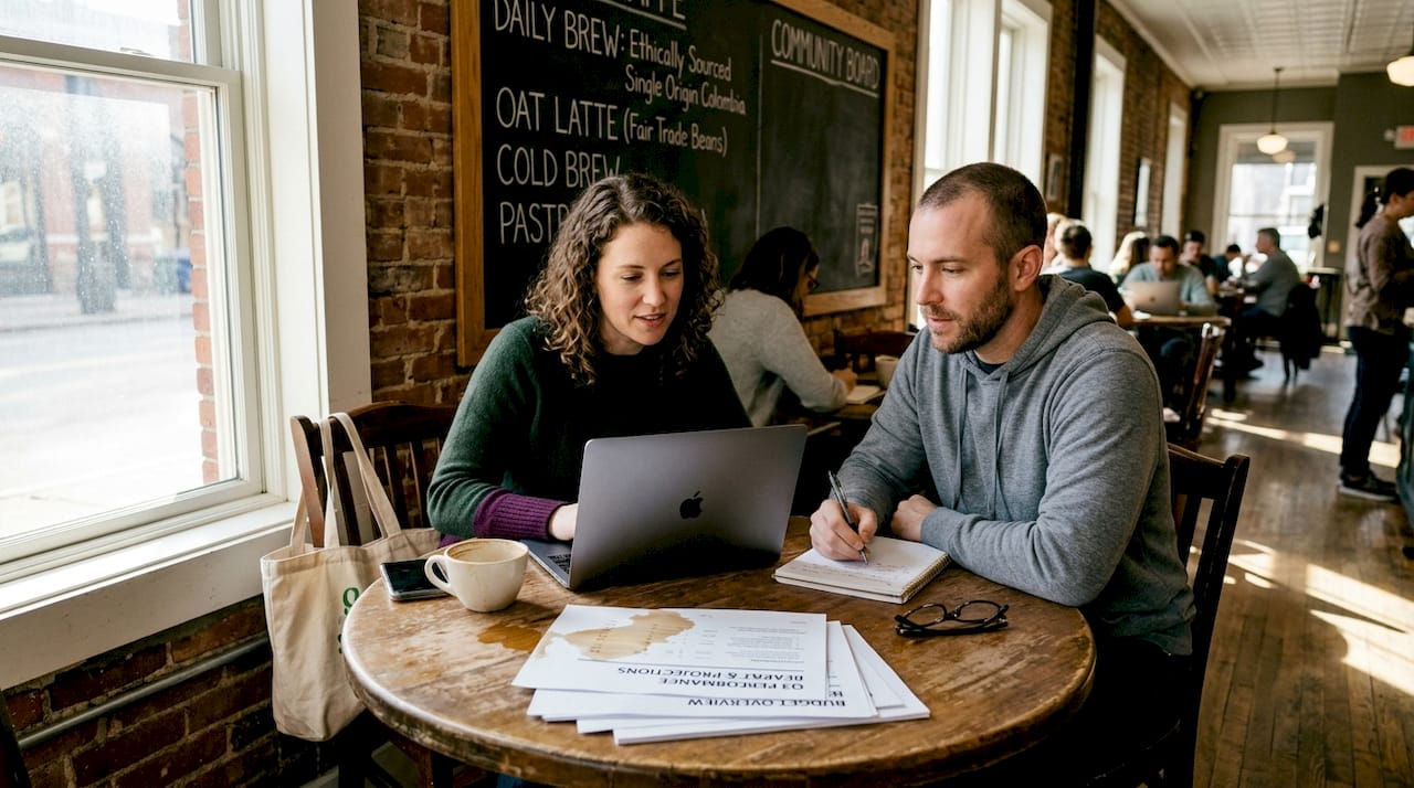 Founders discussing financial results at café