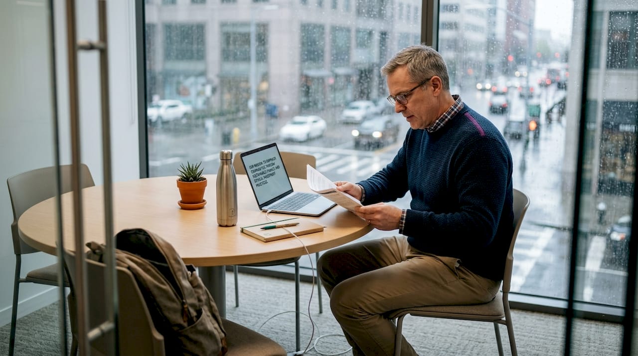 Businessman reading report in city conference room