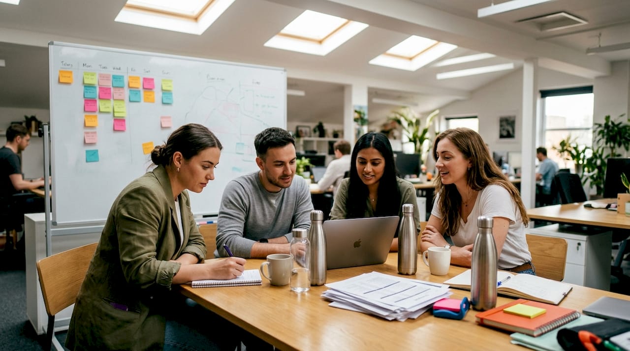 Team meeting discussing business sustainability ideas