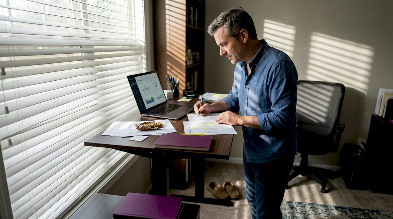 Man conducting sustainability audit at standing desk