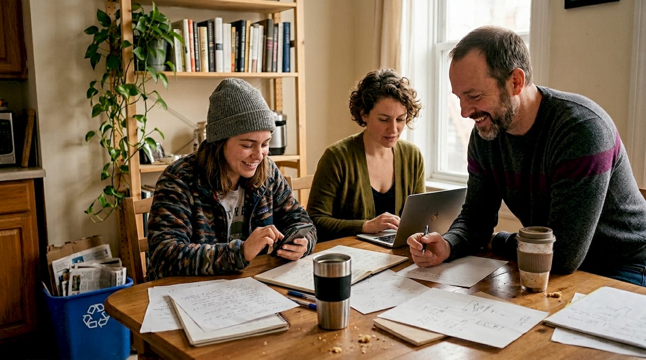 Small team working together at kitchen table