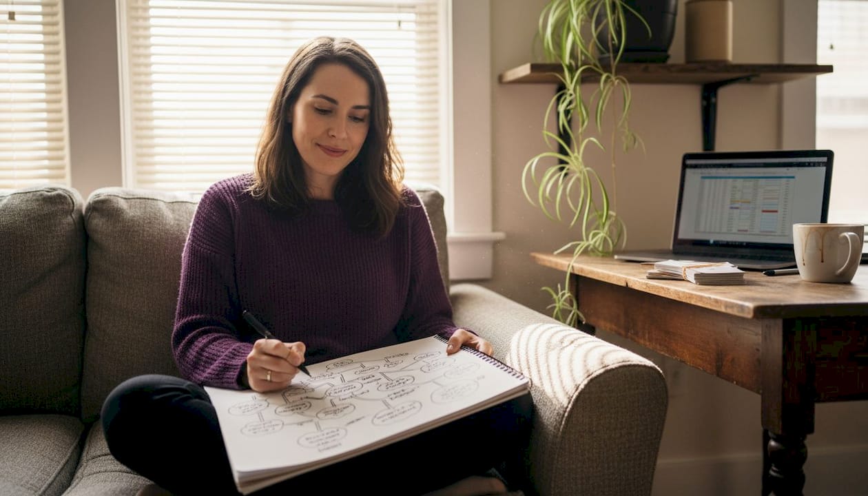 Solo entrepreneur creating mind map on couch