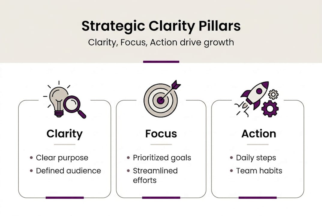 Infographic showing clarity focus action pillars