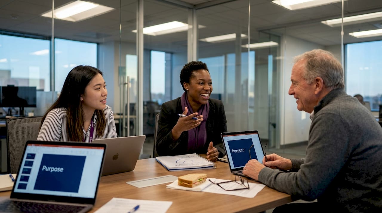 Team discussing business purpose in office meeting