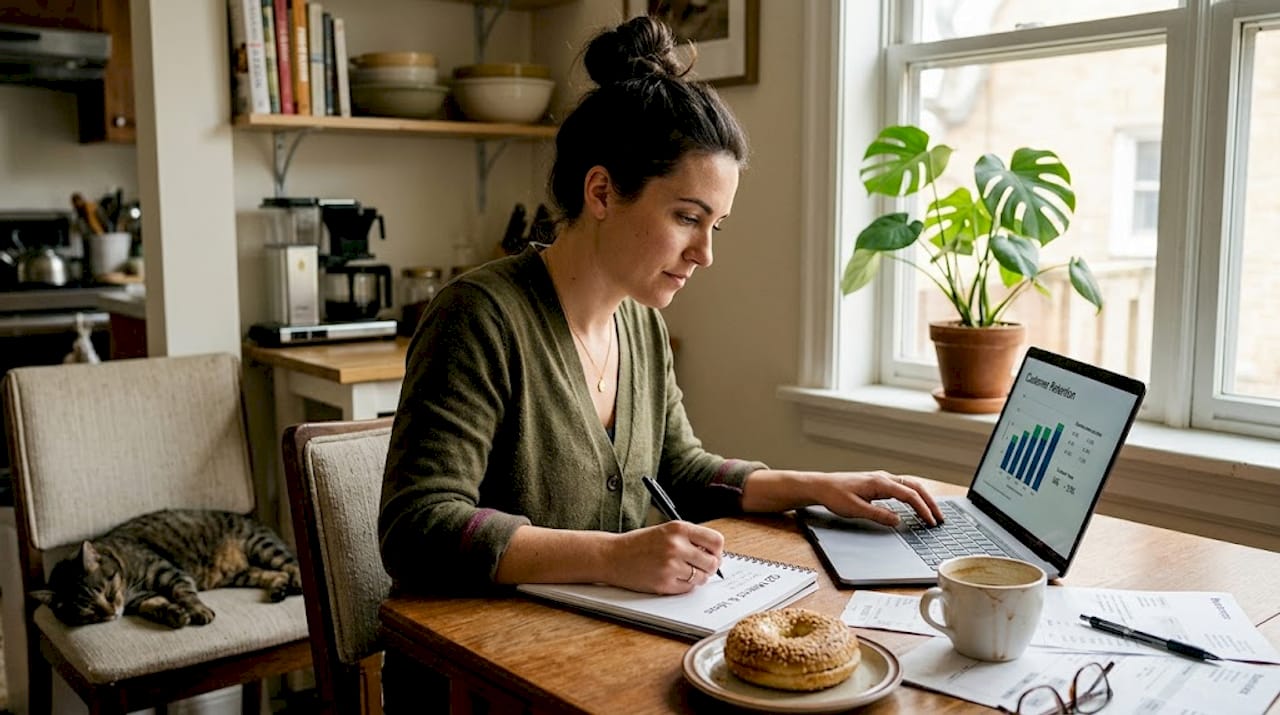 Business owner reviewing customer retention data