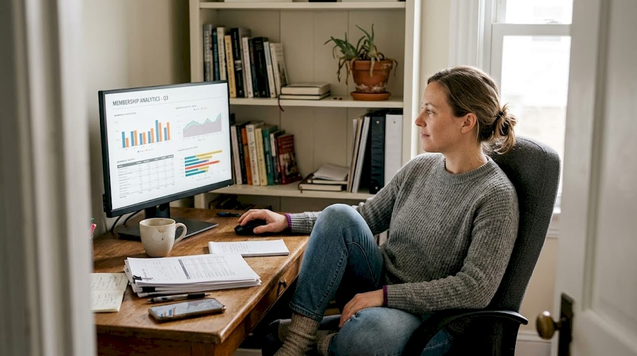 Business owner checks customer retention data