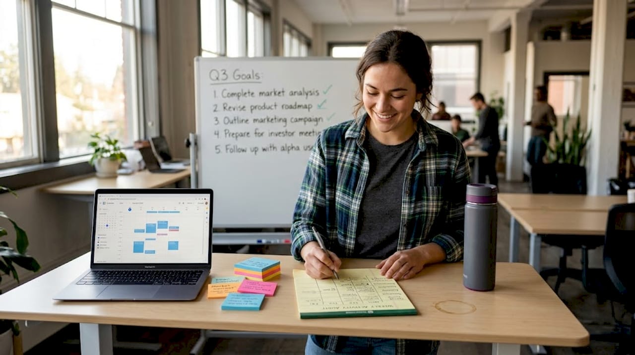 Founder auditing tasks at standing coworking desk
