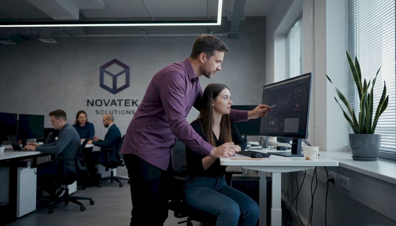 Manager mentoring employee in open-plan office