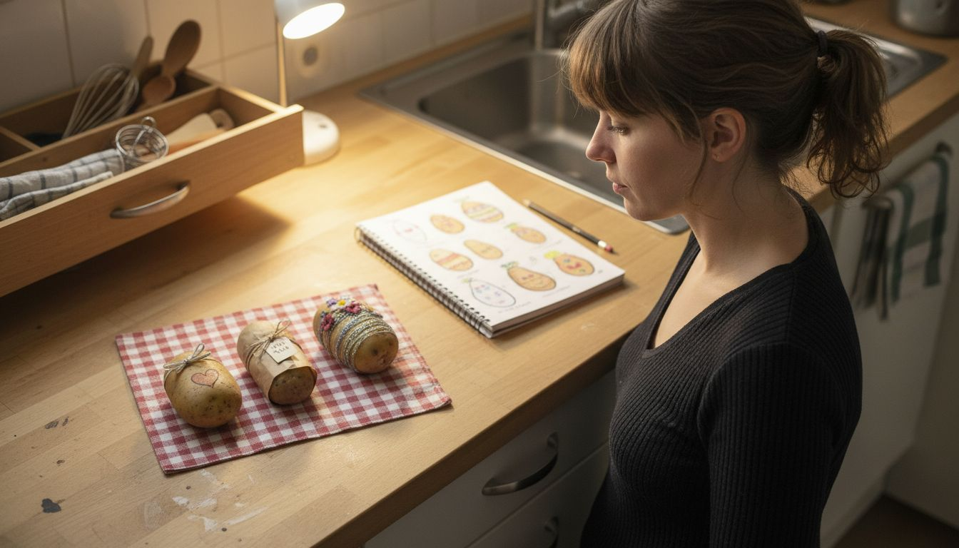 A woman examines three creatively designed potato gifts and compares them.