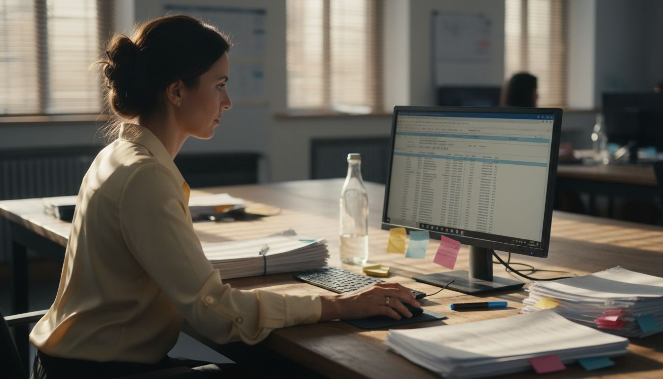 Analyst reviewing competitor spreadsheet in office