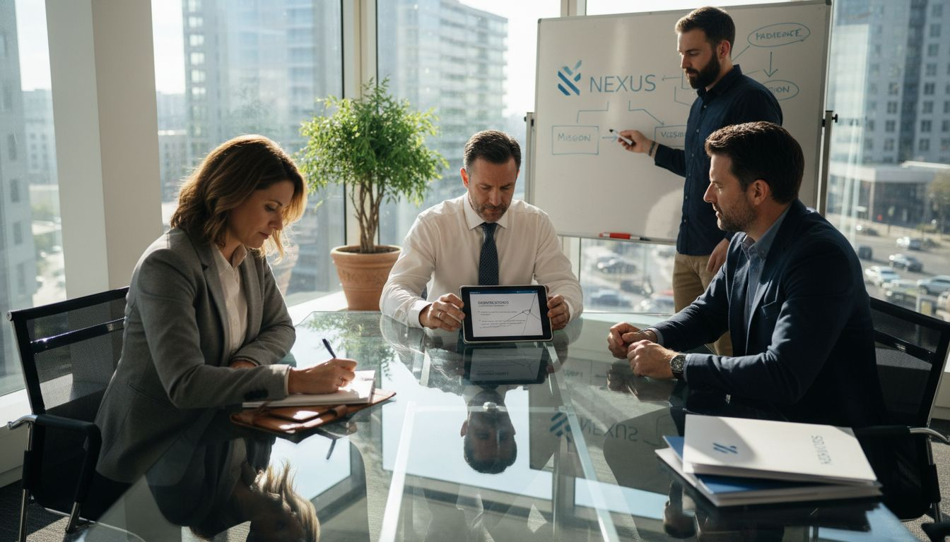 Team discussing branding strategy in corner office