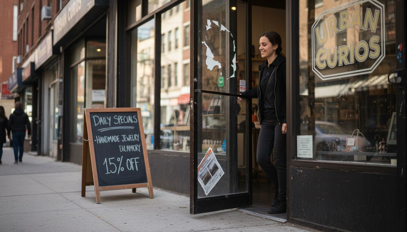 Store owner greeting customer at retail entrance
