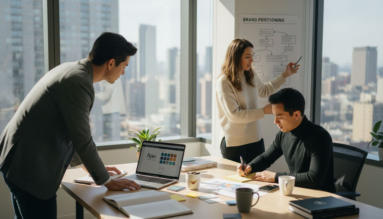 Branding team working at sunlit office table