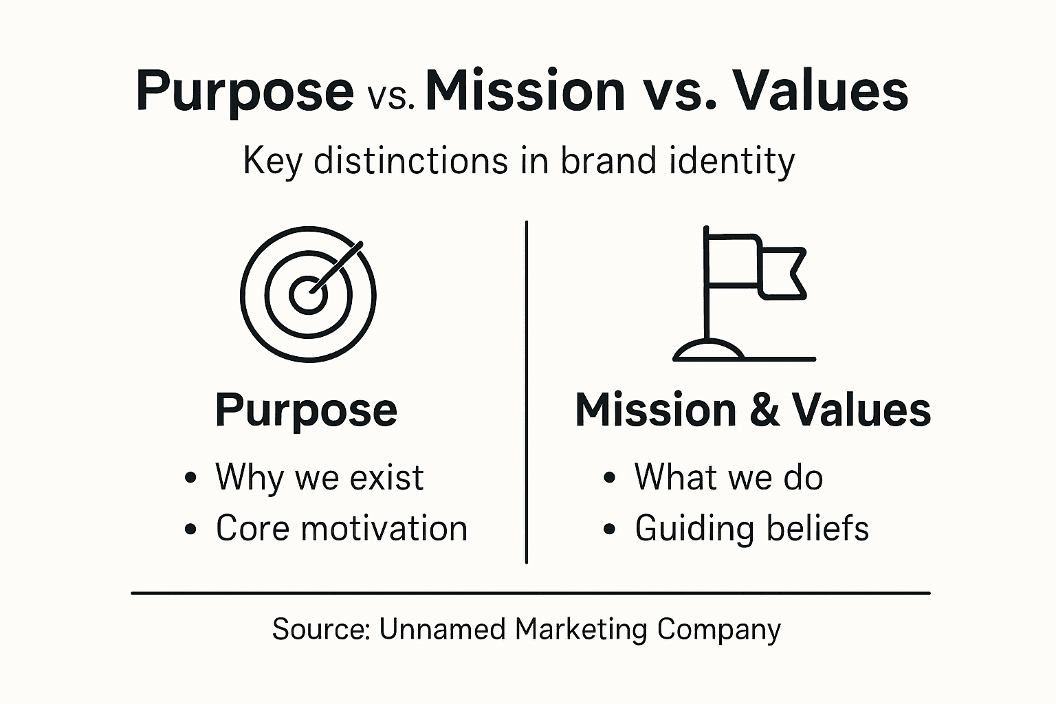 Infographic comparing brand purpose, mission, values