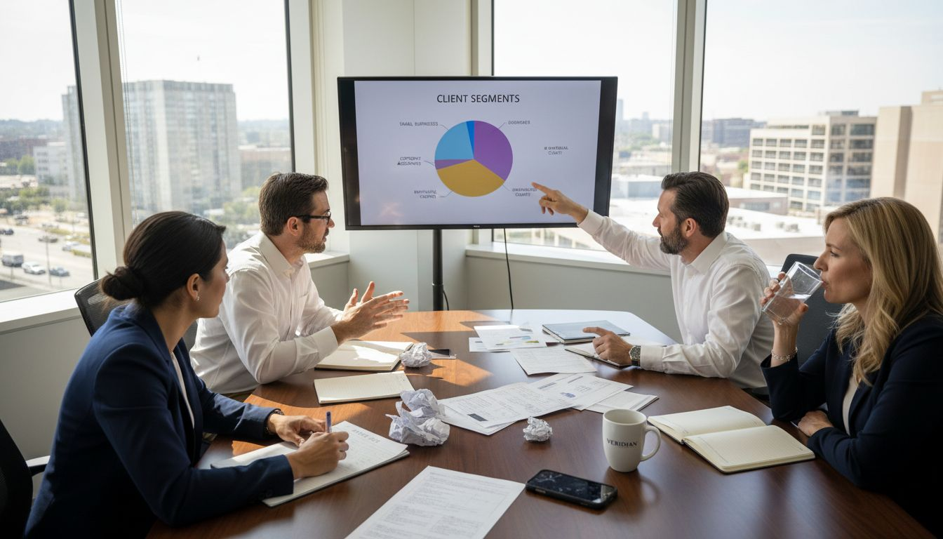 Team discussing brand strategy in city office