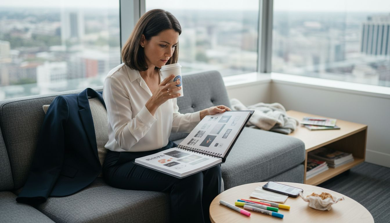 Consultant reading branding documents on sofa