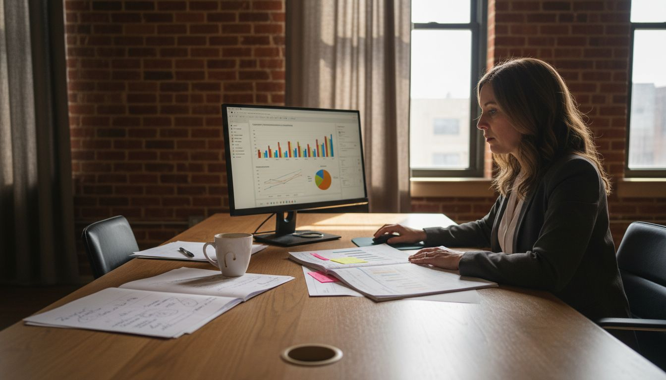 Consultant analyzes marketing data in office workspace