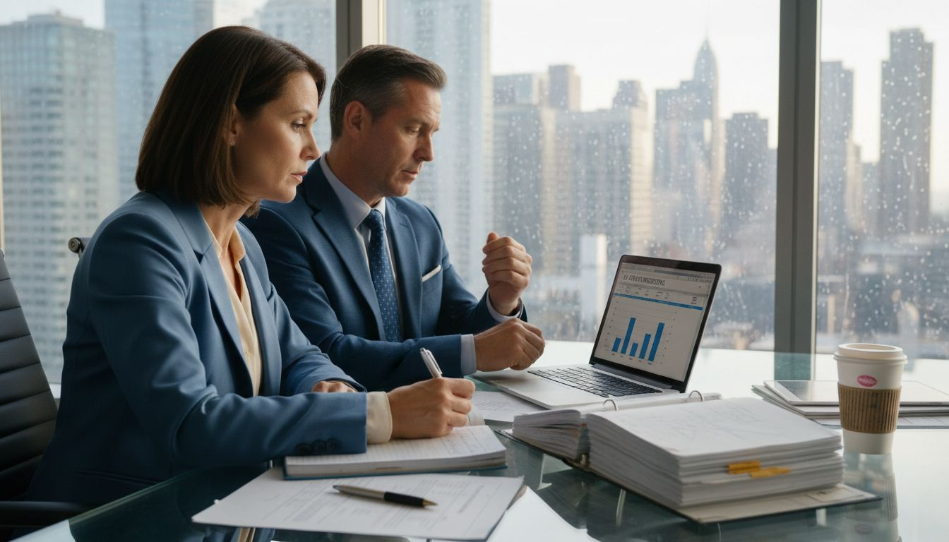 Managers reviewing growth projections at glass table