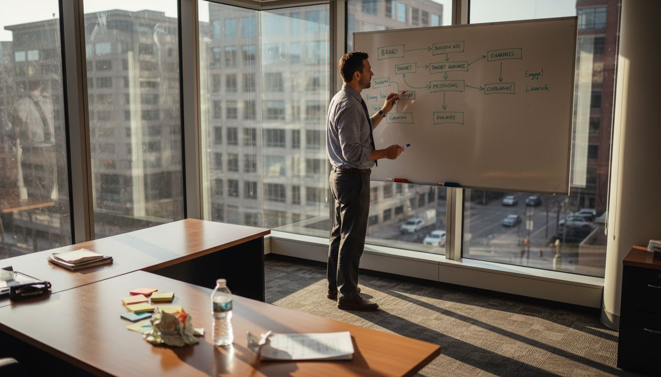 Team leader mapping brand strategy on whiteboard
