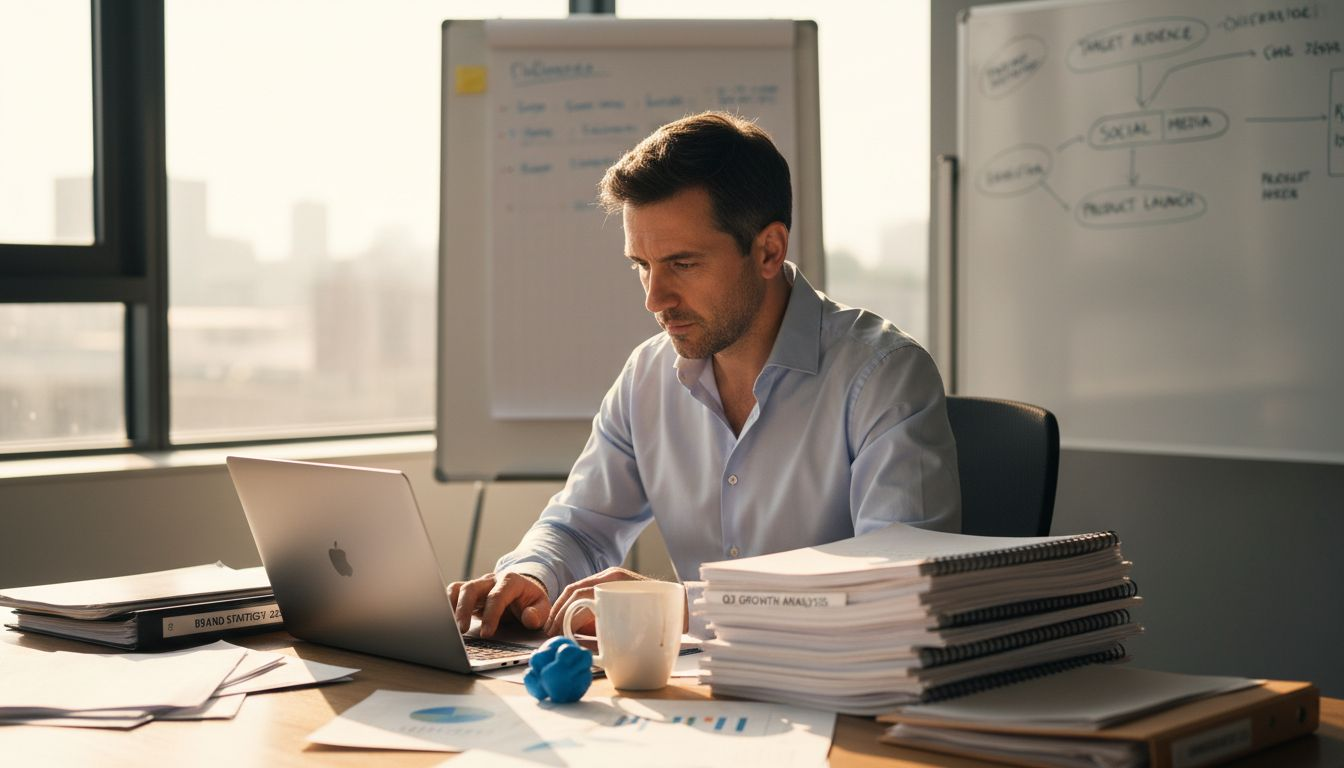 Brand manager reviewing strategy documents in office