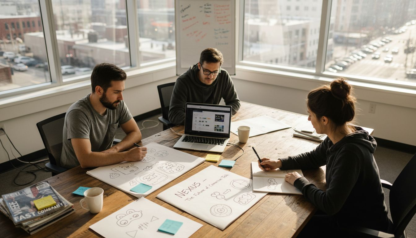 Tech startup founders reviewing branding sketches