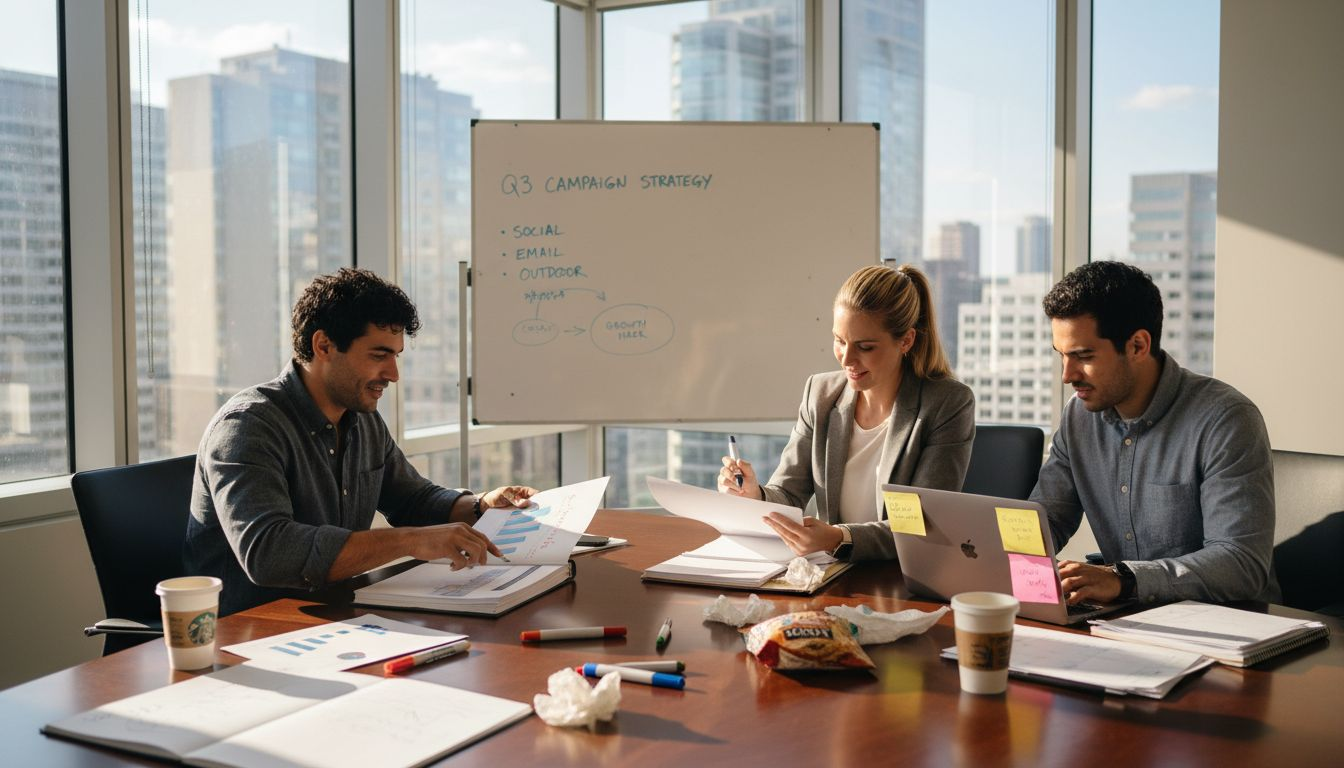 Marketing team brainstorming in sunlit office