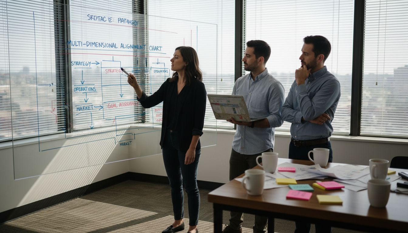 Team collaborating in SaaS office around whiteboard