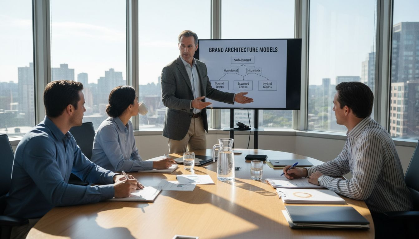 Team discussing brand architecture flowchart