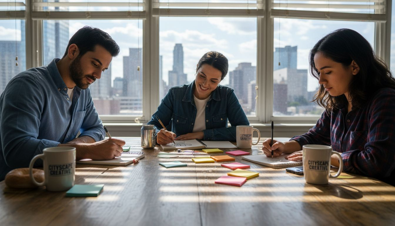 Team sketching logo designs in bright office