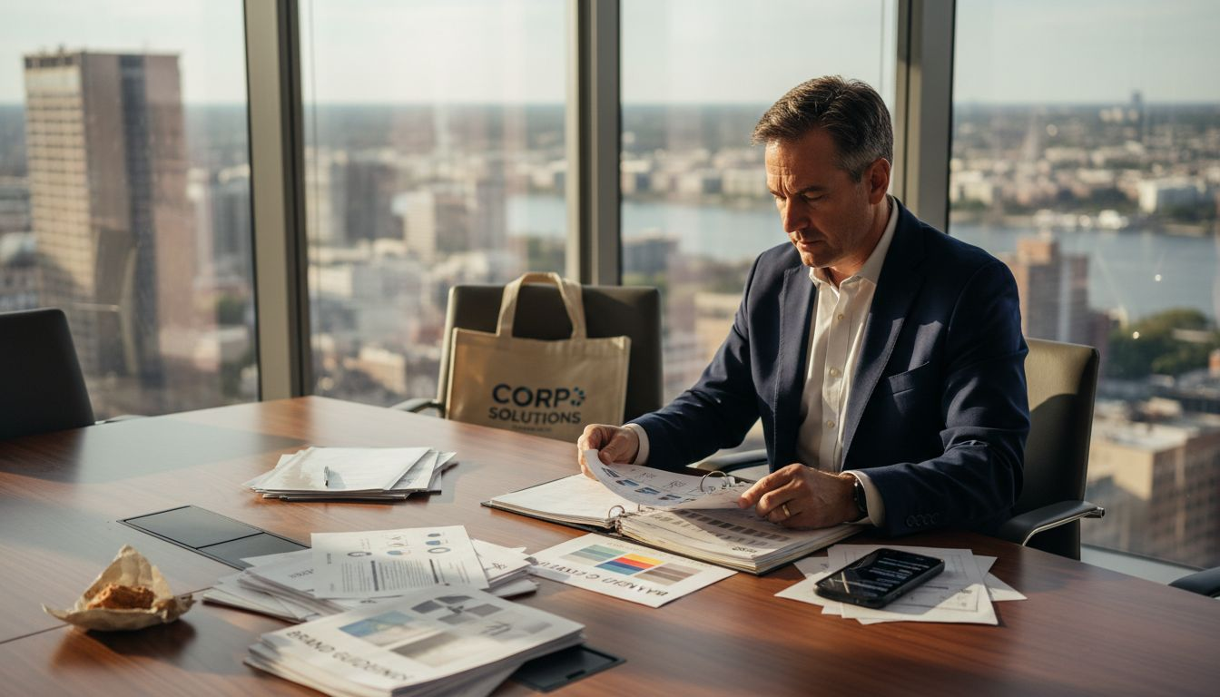 Executive reviews brand strategy in office