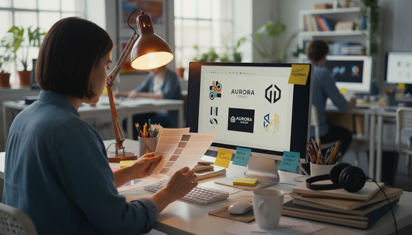 Designer comparing brand color swatches at desk