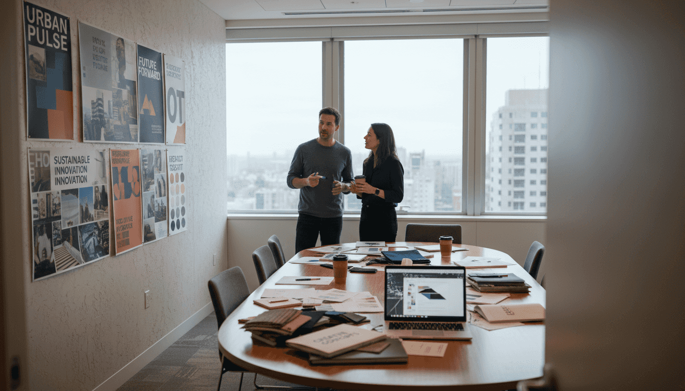 Team viewing mood boards for brand identity